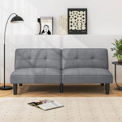 Convertible Futon Sofa Bed with 6 Position Backrest, 64 in Wide, Solid Wood Frame and Springs, Grey