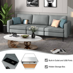 3 Seat Modular Sofa in Grey, 94.5 in Wide with Built In Outlet, 2 USB Ports and Hidden Storage Box