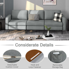 3 Seat Modular Sofa in Grey, 94.5 in Wide with Built In Outlet, 2 USB Ports and Hidden Storage Box
