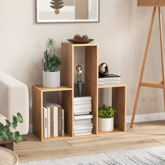 Convex 3 Shelf Bookcase in Natural Wood, 33 Inch Geometric Open Bookshelf and Organizer