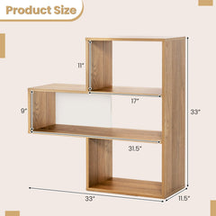 Convex 3 Shelf Bookcase in Natural Wood, 33 Inch Geometric Open Bookshelf and Organizer