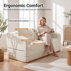 Corduroy Loveseat Sleeper Sofa in Cream, 61 in Wide, Folds Out to an 85 in Bed, Rated 705 lb