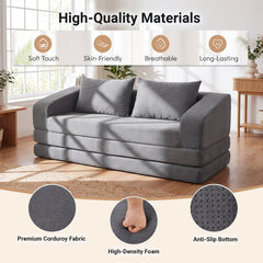 Grey Corduroy Sleeper Loveseat, 61 in Sofa Folding Out to a 61 by 85 in Foam Bed, 705 lb Rated