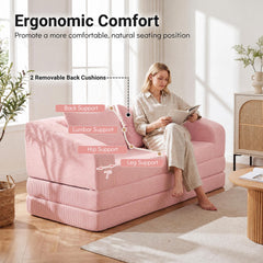 Pink Corduroy Sleeper Loveseat, 61 in Sofa that Unfolds to a 61 by 85 in Foam Bed, Washable Covers