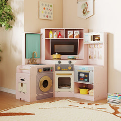 Corner Kitchen Toys with Lights and Sounds with Pull-out Trash Can and Stoves-Pink