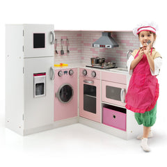 Pink Corner Play Kitchen with Ice Maker, Range Hood, Washer and Chef Accessories
