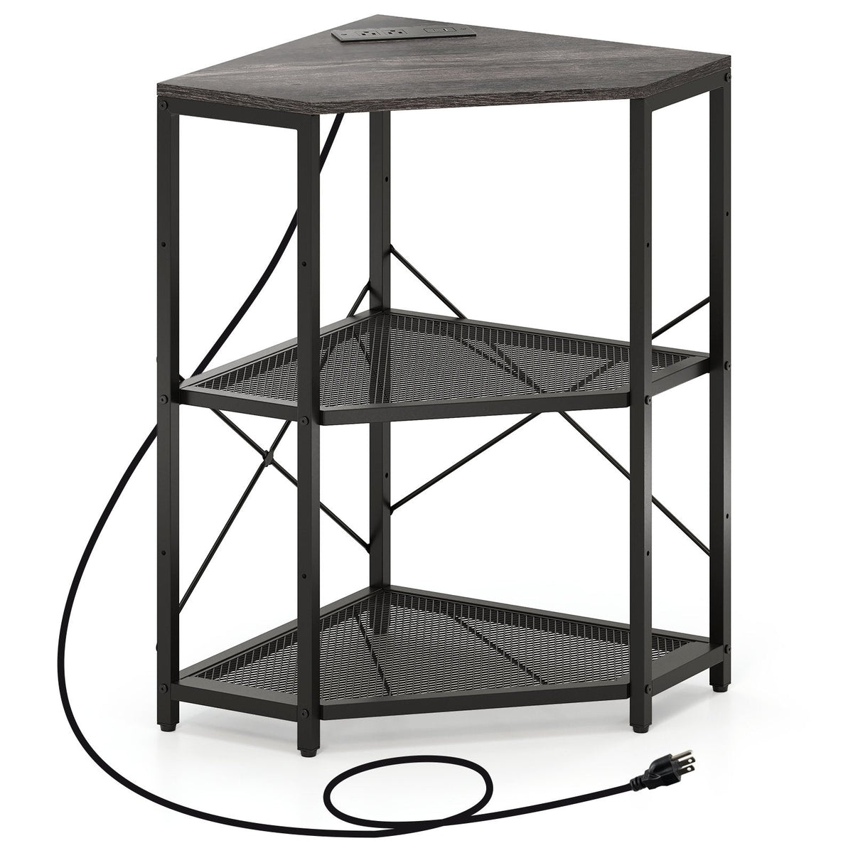 Corner Printer Stand with Power Outlet 3-Tier Storage Rack with Adjustable Shelf-Black