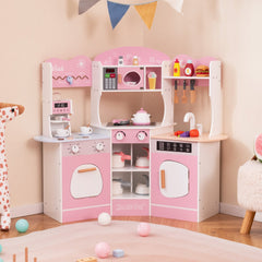 Corner Wooden Play Kitchen with Coffee Machine and Slide for Kids-Pink