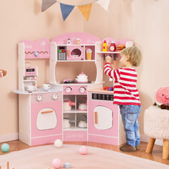 Corner Wooden Play Kitchen with Coffee Machine and Slide for Kids-Pink