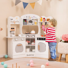 Corner Wooden Play Kitchen with Coffee Machine and Slide for Kids-White