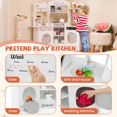 Corner Wooden Play Kitchen with Coffee Machine and Slide for Kids-White