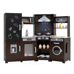 Corner Wooden Play Kitchen with Lights and Sounds Large Pretend Play Kitchen Set-Espresso