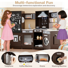Corner Wooden Play Kitchen with Lights and Sounds Large Pretend Play Kitchen Set-Espresso