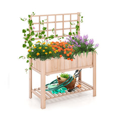 Raised Garden Bed with Trellis and Shelf, 3.4 Cu Ft Elevated Fir Planter Box with Liner