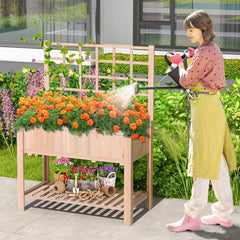 Raised Garden Bed with Trellis and Shelf, 3.4 Cu Ft Elevated Fir Planter Box with Liner