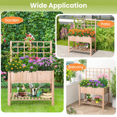 Raised Garden Bed with Trellis and Shelf, 3.4 Cu Ft Elevated Fir Planter Box with Liner