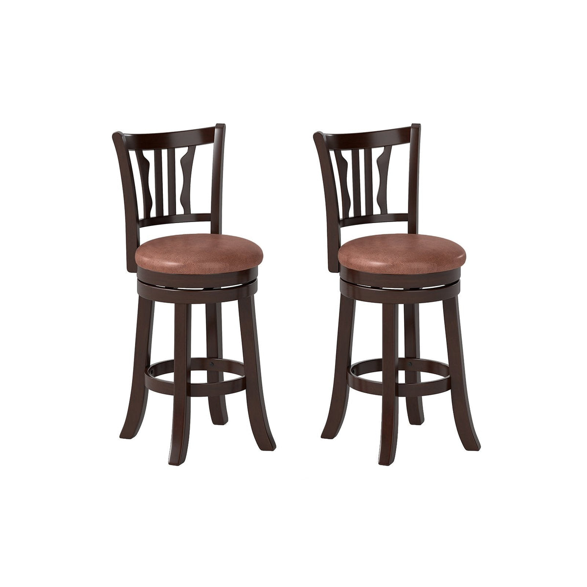 Set of 2 Swivel Counter Stools with Fiddle Back and Faux Leather Seat, 26 Inch Seat Height