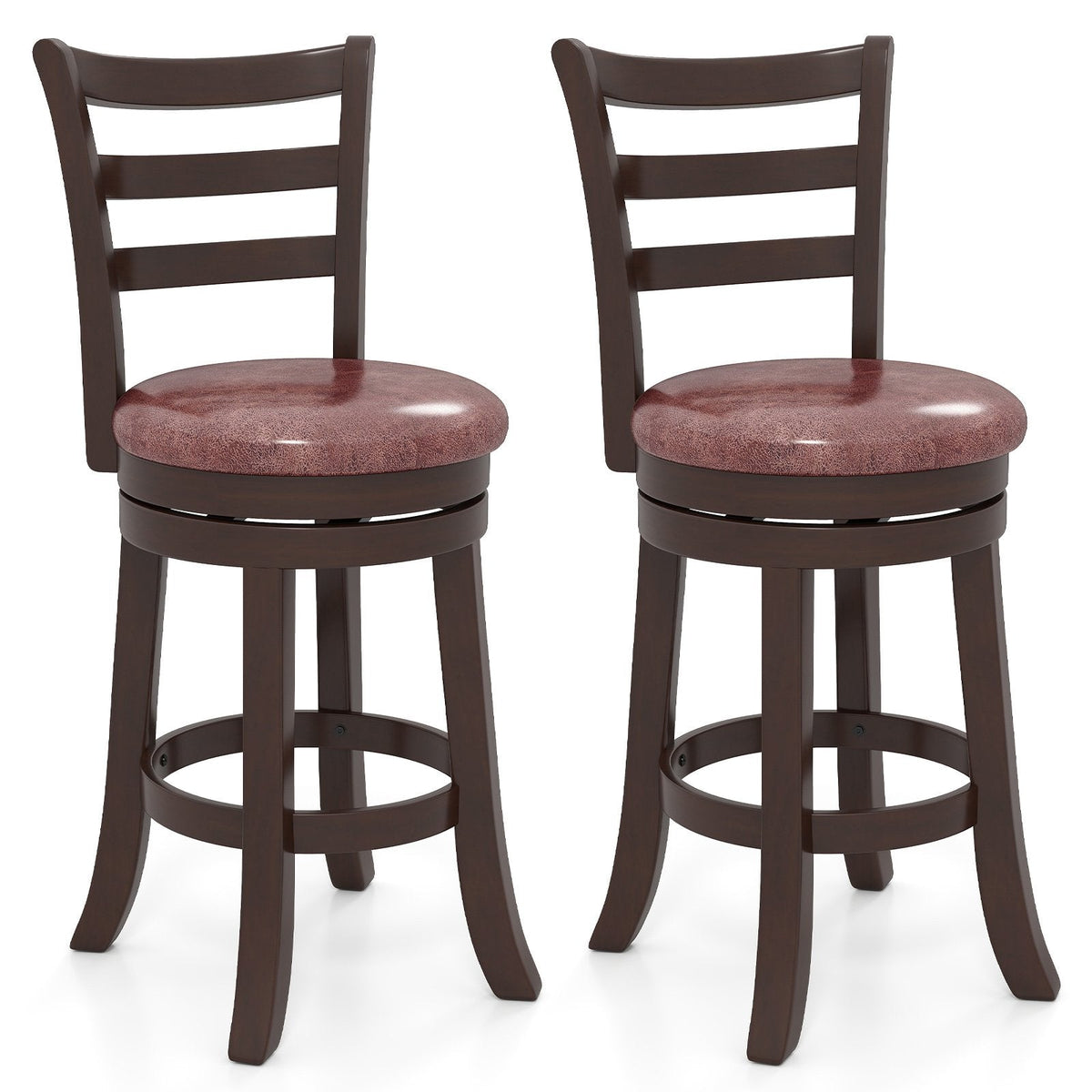 Set of 2 Swivel Counter Stools with Ladder Back and Wrap Around Footrest, 26 Inch Seat