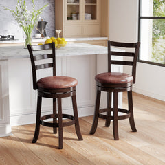 Set of 2 Swivel Counter Stools with Ladder Back and Wrap Around Footrest, 26 Inch Seat