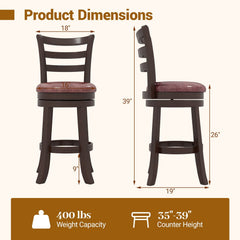 Set of 2 Swivel Counter Stools with Ladder Back and Wrap Around Footrest, 26 Inch Seat