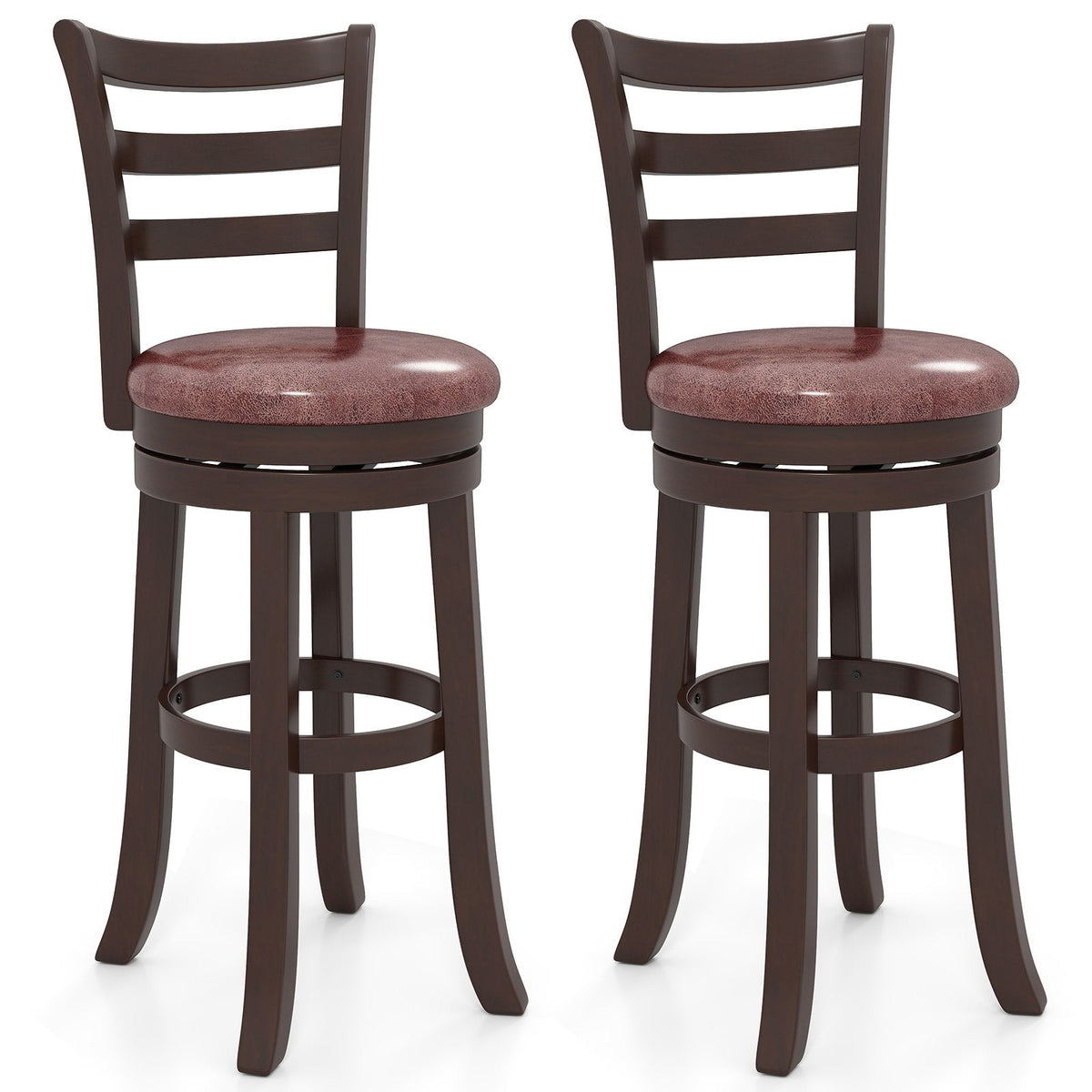 Set of 2 Bar Height Swivel Stools with Ladder Back and Wrap Around Footrest, 30 Inch Seat