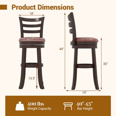 Set of 2 Bar Height Swivel Stools with Ladder Back and Wrap Around Footrest, 30 Inch Seat