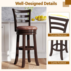 Set of 2 Bar Height Swivel Stools with Ladder Back and Wrap Around Footrest, 30 Inch Seat