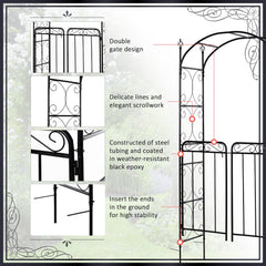 7' Metal Garden Arbor Arch with Scrollwork Doors for Ceremony, Weddings, Party, Backyard, Lawn