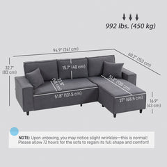 Corner Sofa with Changeable Chaise, Corduroy L-Shaped Sectional Sofa with Pocket Spring, 2 Pillows, Charcoal Grey
