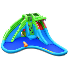 Crocodile Themed Inflatable Water Park with Two Slides and Wraparound Pool, No Blower