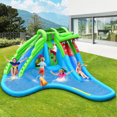Crocodile Themed Inflatable Water Park with Two Slides and Wraparound Pool, No Blower