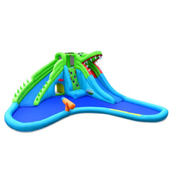 Crocodile Themed Inflatable Water Park with Two Slides and Wraparound Pool, No Blower