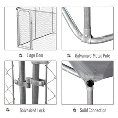 Dog Kennel Outdoor Run Fence with Roof, Steel Lock, Mesh Sidewalls for Backyard & Patio, 9.8' x 9.8' x 7.7'