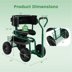 Cushioned Rolling Garden Cart Scooter with Storage Basket and Tool Pouch-Green