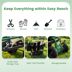 Cushioned Rolling Garden Cart Scooter with Storage Basket and Tool Pouch-Green