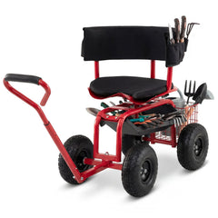 Cushioned Rolling Garden Cart Scooter with Storage Basket and Tool Pouch-Black & Red