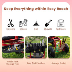 Cushioned Rolling Garden Cart Scooter with Storage Basket and Tool Pouch-Black & Red
