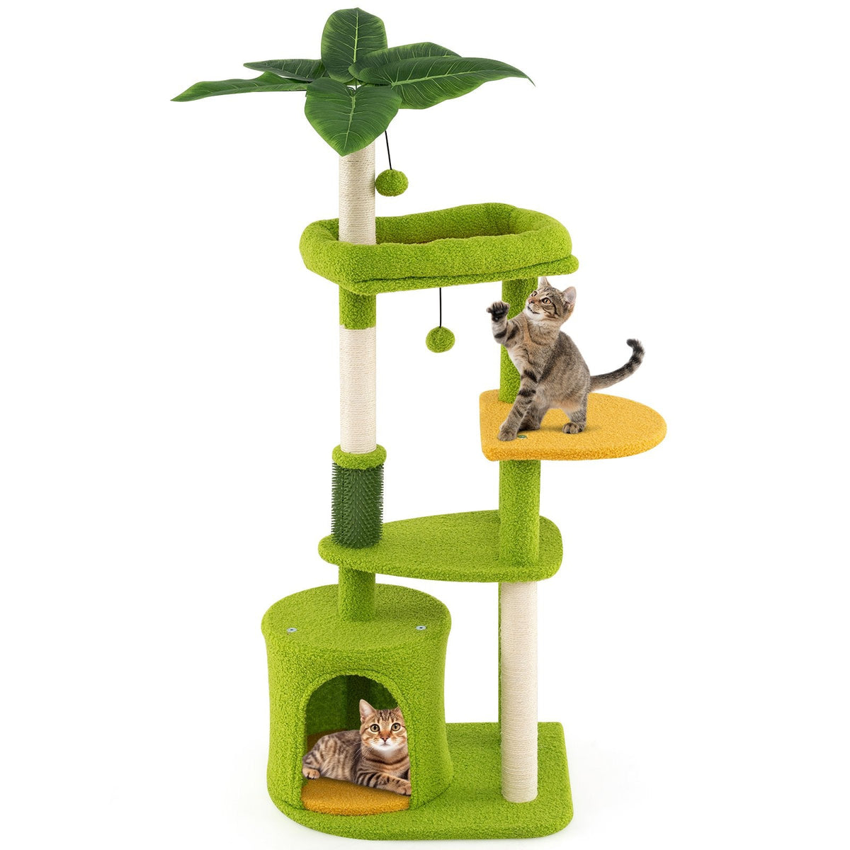 48 Inch Green Cat Tree with a Leaf Canopy, Condo and a Self Groomer