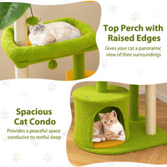 48 Inch Green Cat Tree with a Leaf Canopy, Condo and a Self Groomer