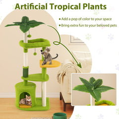 48 Inch Green Cat Tree with a Leaf Canopy, Condo and a Self Groomer