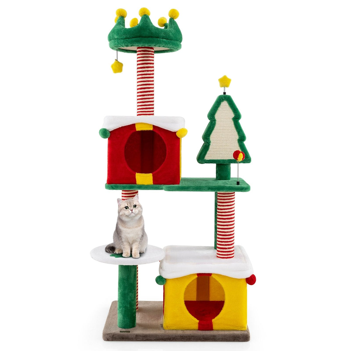 61 Inch Christmas Cat Tower with Two Gift Box Condos and a Sisal Fir Board