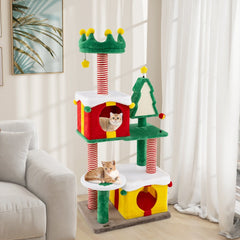 61 Inch Christmas Cat Tower with Two Gift Box Condos and a Sisal Fir Board