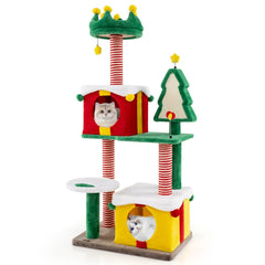 61 Inch Christmas Cat Tower with Two Gift Box Condos and a Sisal Fir Board