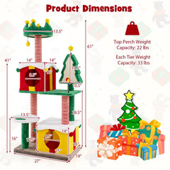 61 Inch Christmas Cat Tower with Two Gift Box Condos and a Sisal Fir Board