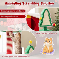 61 Inch Christmas Cat Tower with Two Gift Box Condos and a Sisal Fir Board