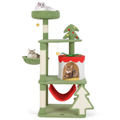 52 Inch Christmas Cat Tree with a Gift Box Condo, Hammock and Turning Basket