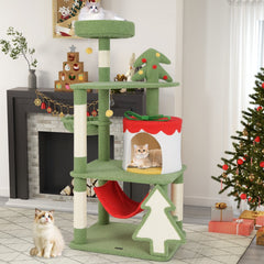 52 Inch Christmas Cat Tree with a Gift Box Condo, Hammock and Turning Basket