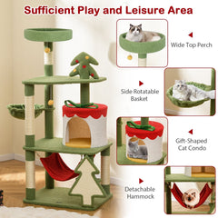 52 Inch Christmas Cat Tree with a Gift Box Condo, Hammock and Turning Basket