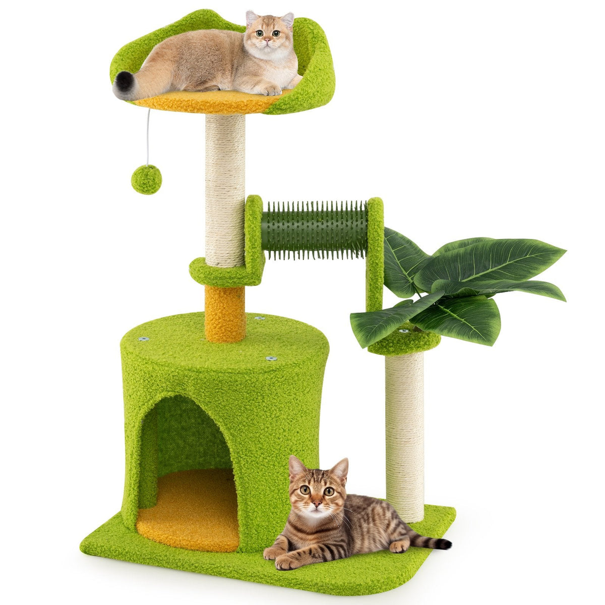 31 Inch Palm Cat Tree with an Ear Shaped Perch, Condo and Self Groomer