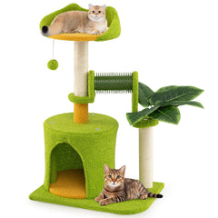 31 Inch Palm Cat Tree with an Ear Shaped Perch, Condo and Self Groomer
